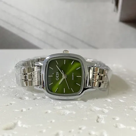 GEDI Women Elegant Square Dial Quartz Watch Vintage Ins Style Sunray Green Dial Alloy Steel Band Daily Waterproof Wristwatch