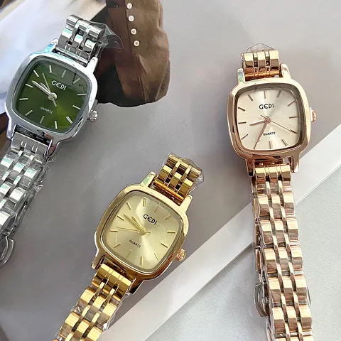 GEDI Women Elegant Square Dial Quartz Watch Vintage Ins Style Sunray Green Dial Alloy Steel Band Daily Waterproof Wristwatch