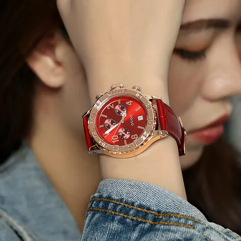 GUOU Trendy Women Quartz Watch Large Dial Multi Function Chronograph Calendar Rose Gold Case Leather Steel Strap Neutral Wristwatch