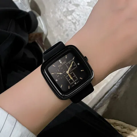 TICTOC Fashion Square Quartz Watch Alloy Case Silicone Strap Rhinestone Dial Three-Eye Decorative Neutral Women Watch