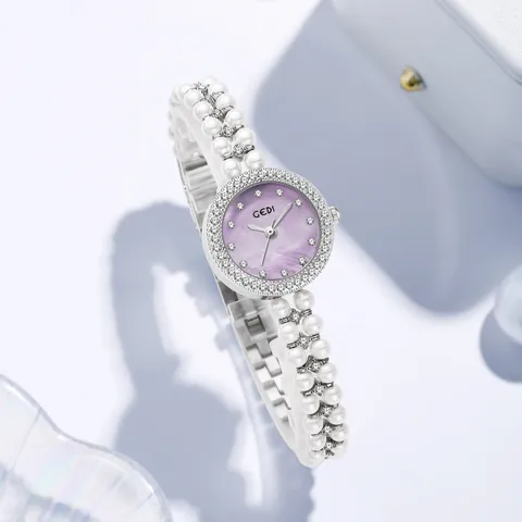 GEDI Elegant Women Quartz Watch With Double Row Artificial Pearl Bracelet Strap Luxury Rhinestone Round Dial Ladies Wristwatch