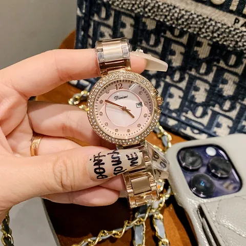 Dinimi Women Luxury Quartz Watch With Rhinestone Bezel Calendar Display Fashion Casual Alloy Steel Band Ladies Wristwatch