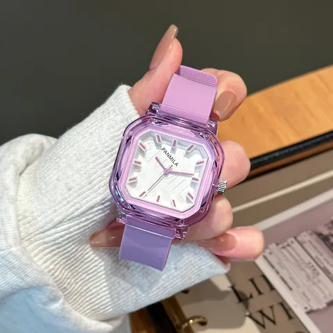 Fashion PANMILA Women Square Quartz Watch Transparent Case Silicone Strap Casual Student Wristwatch Waterproof Niche Simple Watch