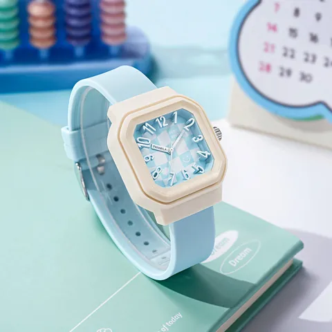 Reloj de Cuarzo Cuadrado Estilo Preppy Para Mujeres Estudiantes Lindo Tablero de Ajedrez Esfera Correa de Silicona Colores de Dopamina Reloj de Pulsera de Moda