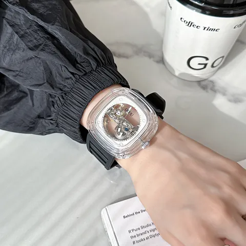 GUOU Luxury Women Fashion Square Transparent Case Skeleton Mechanical Watch Silicone Strap Waterproof Trendy Ladies Watch