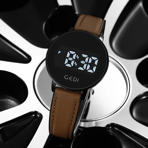 Montre Numérique pour Femmes GEDI Étanche LED Ronde Électronique Montre Étudiant Décontractée Bracelet en Silicone Texture Cuir