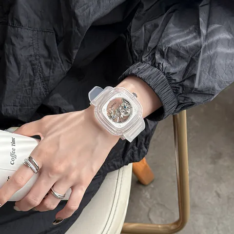 GUOU Luxury Women Fashion Square Transparent Case Skeleton Mechanical Watch Silicone Strap Waterproof Trendy Ladies Watch