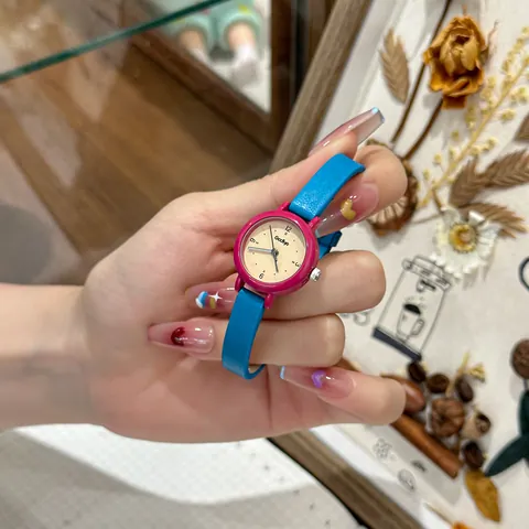 Gccliyo Cute Small Round Quartz Watch For Women Students Fashion Dopamine Colors Contrast Leather Strap Wristwatch