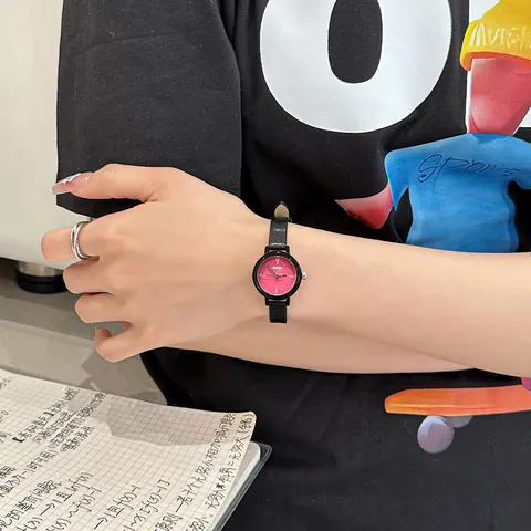Gccliyo Cute Small Round Quartz Watch For Women Students Fashion Dopamine Colors Contrast Leather Strap Wristwatch