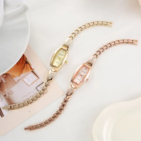 Women's Fashion Bracelet Watch Small Square Barrel Dial Rhinestone Inlaid Metal Strap Quartz Analog Wrist Watch Elegant Lady Jewelry Gift