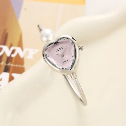 Women's Minimalist Heart Shaped Dial Pearl Bangle Watch Elegant Alloy Quartz Open Bracelet Watch