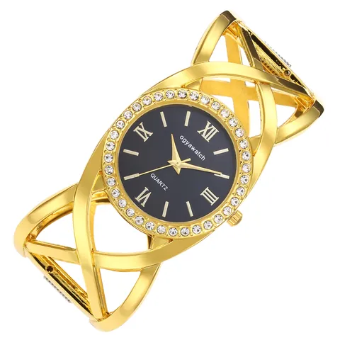 Vintage Women Bangle Watch Rhinestone Alloy Quartz Wristwatch Roman Numerals Round Dial Hollow Cross Line Bracelet Watch