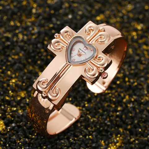 Orologio a Bracciale da Donna Vintage in Lega con Croce e Quadrante a Cuore Orologio al Quarzo Retro Moda Polsino per Donna