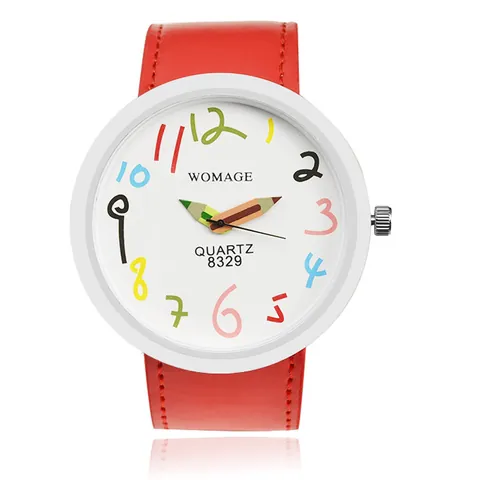 Orologio al Quarzo WOMAGE da Donna Quadrante Bianco Grande Numeri Colorati Lancette a Matita Cassa in Lega Cinturino in Ecopelle Moda Studente