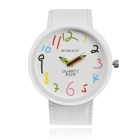 Orologio al Quarzo WOMAGE da Donna Quadrante Bianco Grande Numeri Colorati Lancette a Matita Cassa in Lega Cinturino in Ecopelle Moda Studente