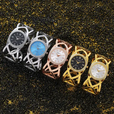 Vintage Women Bangle Watch Rhinestone Alloy Quartz Wristwatch Roman Numerals Round Dial Hollow Cross Line Bracelet Watch