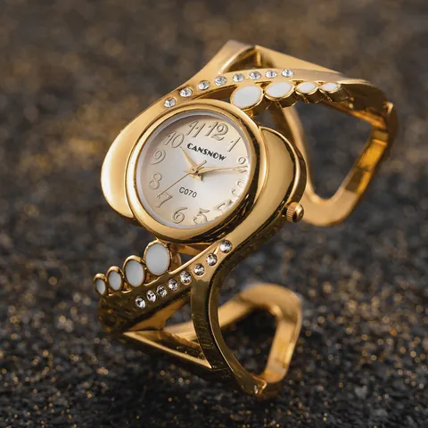 Orologio da Donna al Quarzo con Cinturino a Cerchio Design Floreale Intagliato Lega Strass Orologio di Tendenza