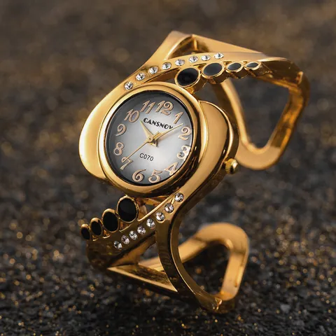 Orologio da Donna al Quarzo con Cinturino a Cerchio Design Floreale Intagliato Lega Strass Orologio di Tendenza