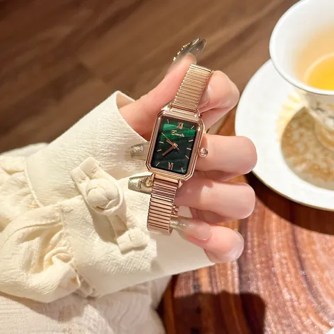 Women Retro Square Quartz Watch Rose Gold Alloy Mesh Expansion Band Malachite Marble Texture Dial Casual Wristwatch Jewelry