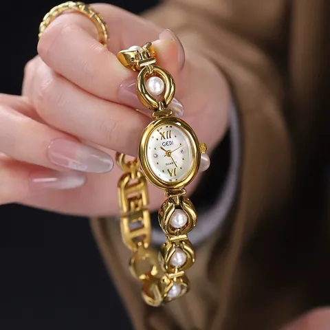 GEDI Elegant Women Quartz Watch Jewelry Bracelet Vintage Chinese Style Emerald Green Stone Faux Pearl Alloy Strap Exquisite Wristwatch