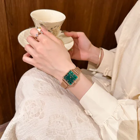 Women Retro Square Quartz Watch Rose Gold Alloy Mesh Expansion Band Malachite Marble Texture Dial Casual Wristwatch Jewelry