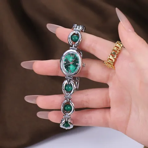 GEDI Elegant Women Quartz Watch Jewelry Bracelet Vintage Chinese Style Emerald Green Stone Faux Pearl Alloy Strap Exquisite Wristwatch