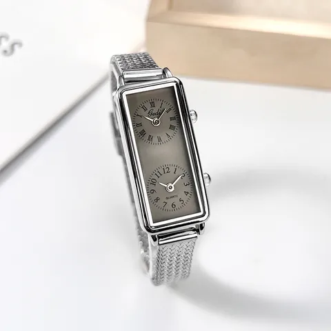 Gedi Women Dual Time Zone Watch Vintage Rectangular Small Square Case Metal Mesh Band Roman Numerals Quartz Ladies Wristwatch