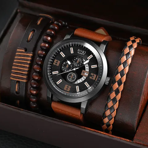 Parure Montre à Quartz Affaires Hommes Boîtier en Alliage Bracelet en Cuir Bracelets Tressés Perlés SOKI Coffret Cadeau Montre Mode