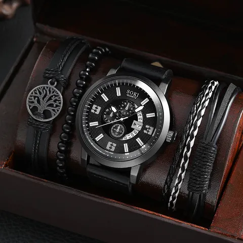 Parure Montre à Quartz Affaires Hommes Boîtier en Alliage Bracelet en Cuir Bracelets Tressés Perlés SOKI Coffret Cadeau Montre Mode