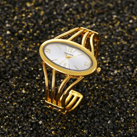 Women's Fashion Quartz Bangle Watch Oval Eye Shaped Dial Alloy Hollow Multi Line Bracelet Watch For Ladies Elegant Jewelry