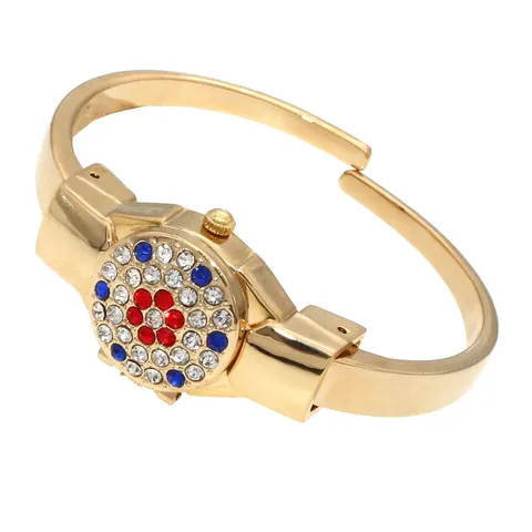 Women Fashion Bangle Watch Rhinestone Inlaid Flip Cover Alloy Quartz Wristwatch For Daily Banquet Party Jewelry Gift