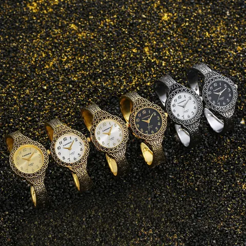 CANSNOW Retro Orologio a Bracciale da Donna Lusso Vintage Oro Argento Orologio al Quarzo Elegante Traforato Gioielli di Metallo
