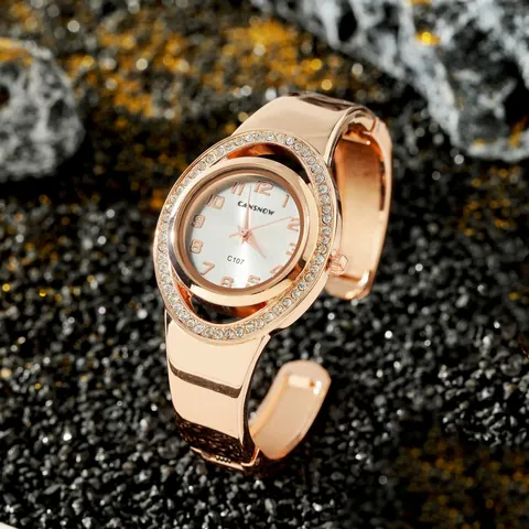 CANSNOW Orologio a Cerchio Donna Lunetta con Strass Lusso Orologio al Quarzo Bracciale Oro Oro Rosa Argento Acciaio Orologio da Polso Donna Gioielli Regalo
