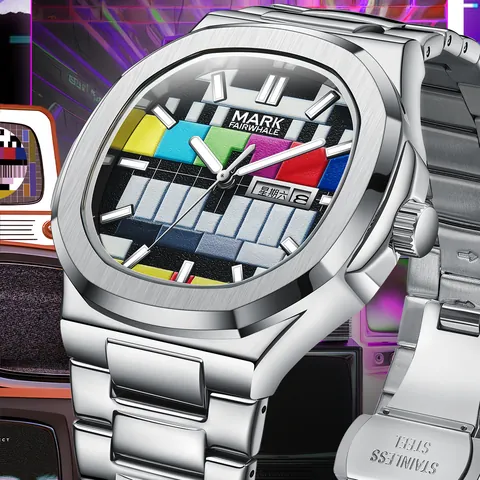 Mark Fairwhale Reloj de Cuarzo Hombre Mujer Luminoso Impermeable Caja Cuadrada Acero Inoxidable Retro TV Test Pattern Reloj Moda