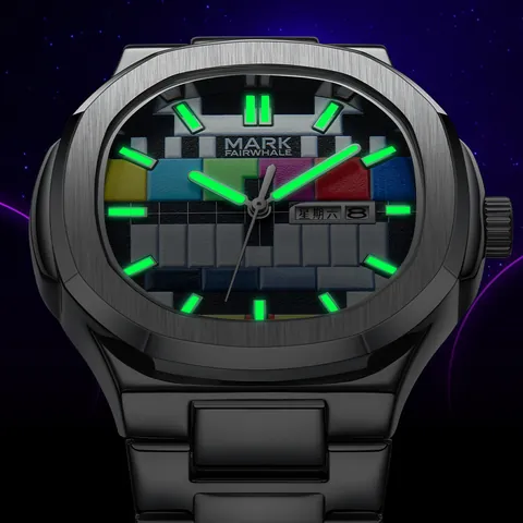 Mark Fairwhale Reloj de Cuarzo Hombre Mujer Luminoso Impermeable Caja Cuadrada Acero Inoxidable Retro TV Test Pattern Reloj Moda