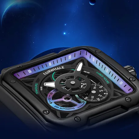 Mark Fairwhale Men Automatic Mechanical Watch Skeleton Square Stainless Steel Silicone Strap Luminous Waterproof Watch