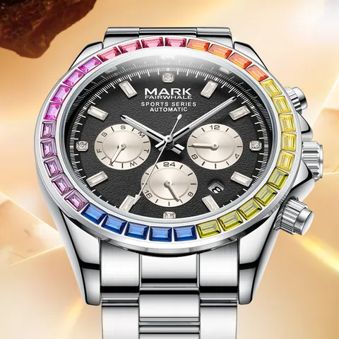 Men's Automatic Mechanical Watch Rainbow Bezel Stainless Steel Alloy Rhinestone Inlaid Waterproof Luminous Luxury Sporty Wristwatch