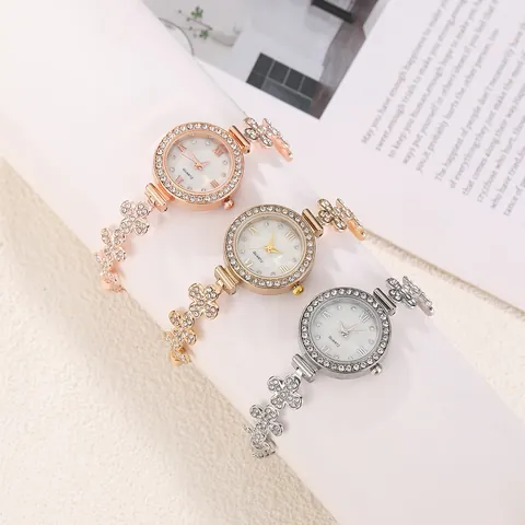Women Fashion Bracelet Watch Creative Round Rhinestone Inlaid Floral Adjustable Bangle Watch Elegant Alloy Quartz Analog Wristwatch