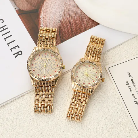 Luxury Gold Quartz Watch For Couples Full Rhinestone Zinc Alloy Analog Watch Fashion Red Indices Jewelry Bracelet Watch
