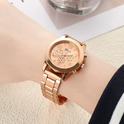 Women Fashion Quartz Watch Round Rhinestone Alloy Metal Link Bracelet Decorative Sub-dials Casual Elegant Wristwatch Lady Gift