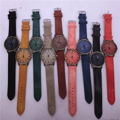 Vintage Bronze Quartz Watch Imitation Denim Texture PU Strap Roman Numeral Analog Wrist Watch Fashion Casual Timepiece