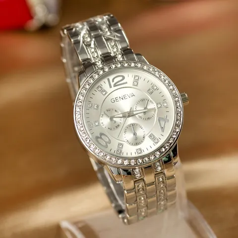 Luxury Women Quartz Watch Rhinestone Inlaid Full Diamond Zinc Alloy Case Steel Strap Fashion Elegant Wristwatch For Lady
