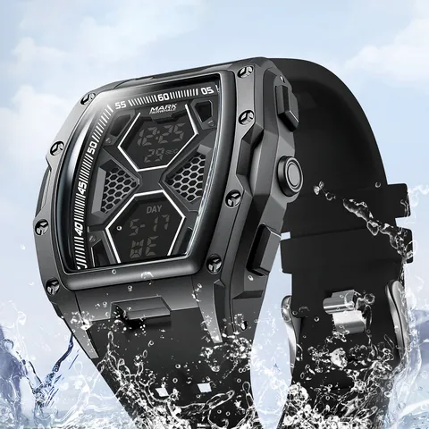 Mark Fairwhale Hommes Montre Électronique en Forme de Tonneau Affichage Double Lumineux Bracelet en Silicone Sport Étanche