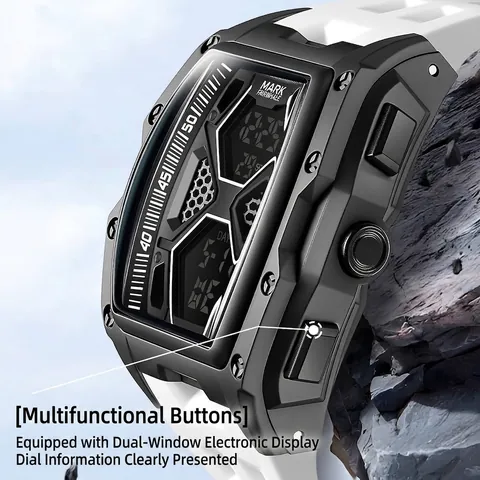 Mark Fairwhale Hommes Montre Électronique en Forme de Tonneau Affichage Double Lumineux Bracelet en Silicone Sport Étanche