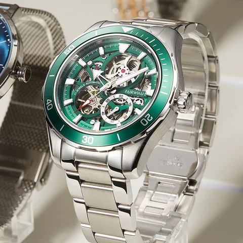 Mark Fairwhale Men Skeleton Automatic Mechanical Watch Green Submariner Style Waterproof Luminous Stainless Steel Diver Sport Watch