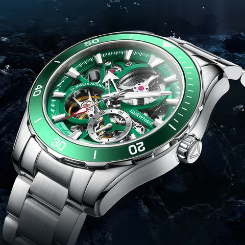 Mark Fairwhale Men Skeleton Automatic Mechanical Watch Green Submariner Style Waterproof Luminous Stainless Steel Diver Sport Watch