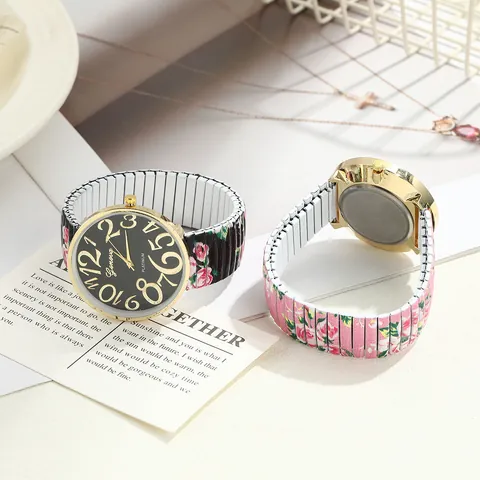 Women Creative Rose Print Quartz Watch Large Number Gold Case Elastic Steel Strap Floral Casual Fashion Wristwatch for Ladies