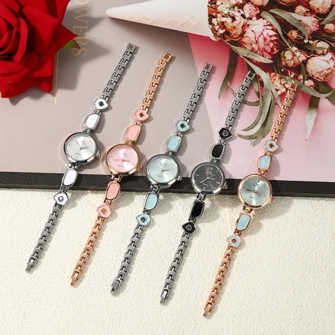 Women Irregular Metal Bracelet Quartz Watch Chinese Style Enamel Geometric Link Strap Elegant Jewelry Wristwatch For Women Premium Feel Small Dial Watch