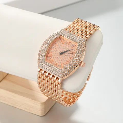 Luxury Women Tonneau Rhinestone Quartz Watch Roman Numeral Dial Alloy Bracelet Fashion Dress Wristwatch For Ladies Party