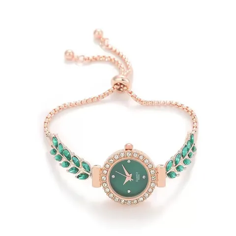 Elegant Women's Quartz Bracelet Watch Rhinestone Inlaid Green Leaf Design Adjustable Alloy Chain Wristwatch Fashion Jewelry